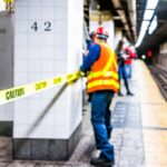 NYC Commute Turns Violent—Again Construction worker on subway platform with caution tape
