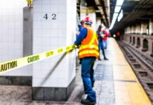 Construction worker on subway platform with caution tape