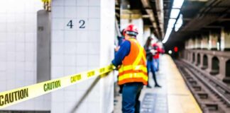 Construction worker on subway platform with caution tape