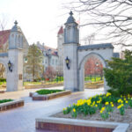 Stone archway entrance on a university campus with blooming yellow flowers