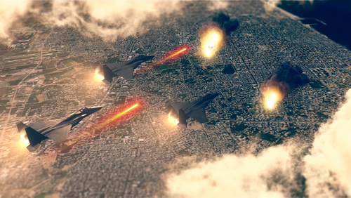 Military jets conducting an airstrike over a city with explosions visible