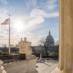 Beautification Bonanza While Parks Crumble U.S. Capitol dome viewed between marble columns at sunset