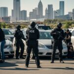 Trump Defies DHS Pause — ICE Stops Back? Police officers in tactical gear conducting an arrest in a parking lot