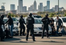 Trump Defies DHS Pause — ICE Stops Back? Police officers in tactical gear conducting an arrest in a parking lot