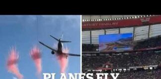 Moment two airliners nearly hit packed stadium in 'dangerous' pre-game flyover is caught on camera