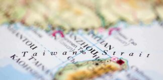 Close-up of map showing the Taiwan Strait