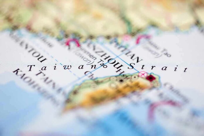 shutterstock_1844392612 Close-up of map showing the Taiwan Strait