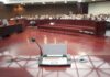 Conference microphone on a podium in a courtroom