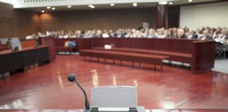 Conference microphone on a podium in a courtroom