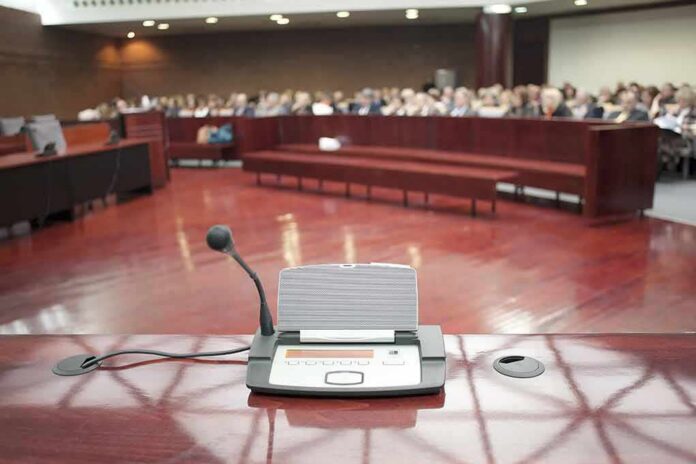 Conference microphone on a podium in a courtroom