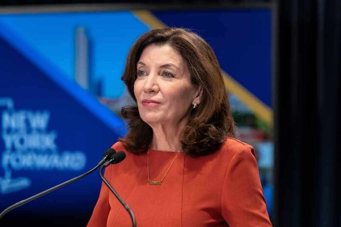 shutterstock_2050379687 woman speaking at a podium with microphones