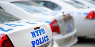 Row of NYPD police cars parked in a line