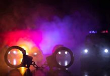 Swamp Chase Horror: Babies Go Under Handcuffs on a surface with police cars and flashing lights in smoky darkness