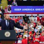 Two-Night Trump Blitz—Why Now? Crowd at a political rally with a speaker at a podium; Stephen Paea, Curtis Lofton, Walter Jones, John Sullivan, and Colin David Jones present