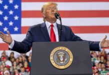Primetime Snub Ignites FCC Showdown Donald Trump speaks at a podium with U.S. flag backdrop; Christian Jones, Caraun Reid, and Bill Bergey in crowd