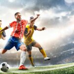 Soccer player in red jersey sprints past defenders in a stadium
