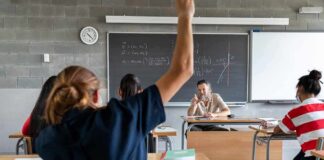 Student raising hand in classroom during lesson