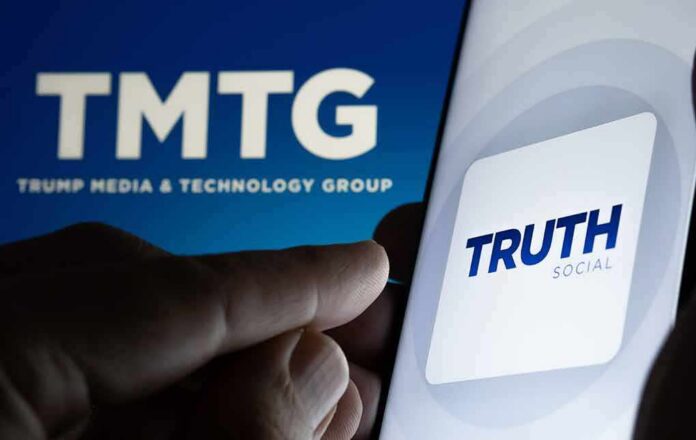 shutterstock_2067947846 Smartphone showing Truth Social app icon beside TMTG logo on screen