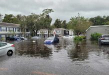 Torrents Paralyze Capital – Shelters Overflow Flooded residential street with partially submerged cars