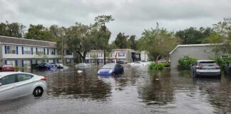 Flooded residential street with partially submerged cars
