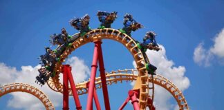 Roller coaster train twists through a vertical loop
