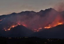 Orange County Torched – Symbol Endures Wildfire burning along mountain slopes at dusk