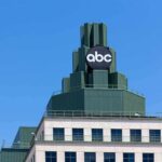 abc logo atop green-stepped building against clear blue sky