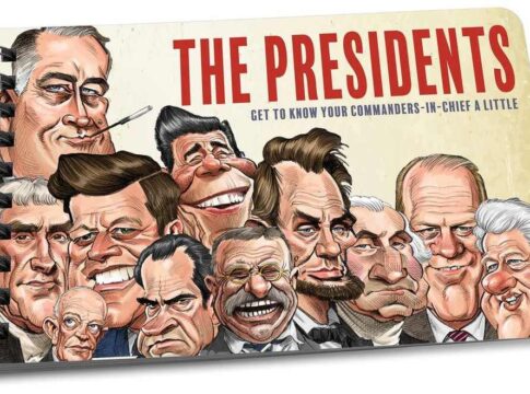 Illustration of U.S. Presidents in a humorous caricature style on a spiral-bound book cover