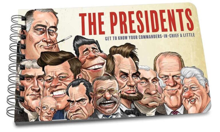 Illustration of U.S. Presidents in a humorous caricature style on a spiral-bound book cover