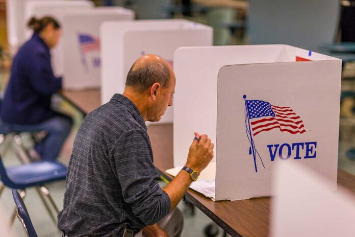 Person voting in a polling booth.