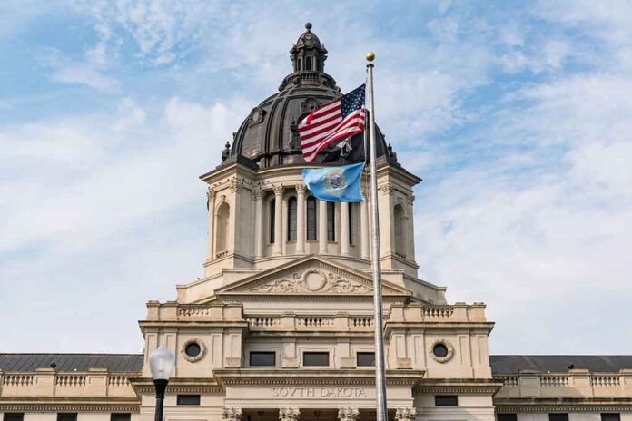 South Dakota Capitol building with American and state flags.