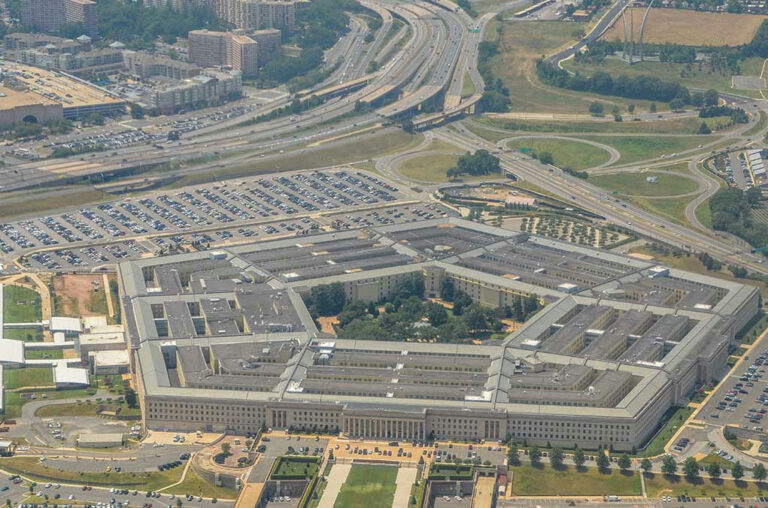 Aerial view of the Pentagon building and surrounding area.