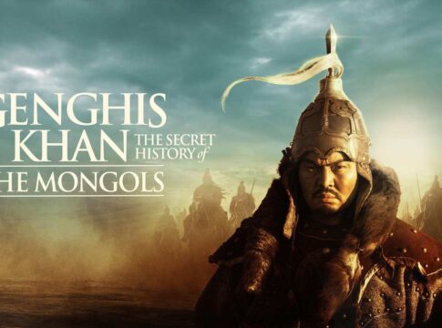A portrayal of Genghis Khan in traditional warrior attire against a dramatic landscape