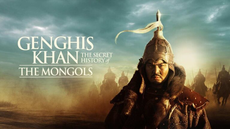 A portrayal of Genghis Khan in traditional warrior attire against a dramatic landscape