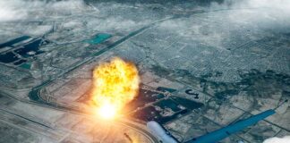 Drone launching missile with explosion on ground.