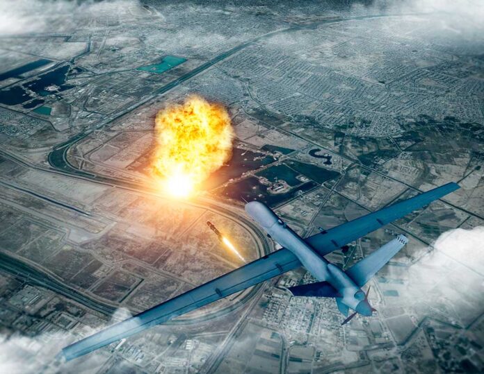 1604958805 featured image Drone launching missile with explosion on ground.