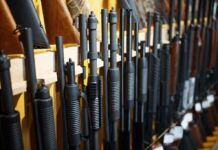 Rifles and shotguns displayed on a rack.