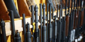 Rifles and shotguns displayed on a rack.