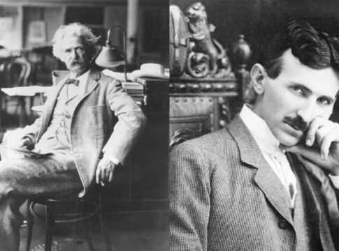 Portraits of Mark Twain and Nikola Tesla side by side