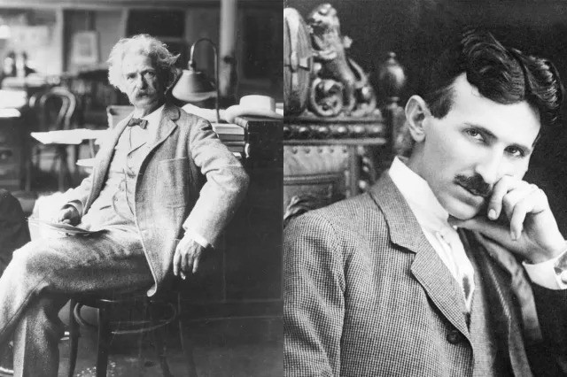 Portraits of Mark Twain and Nikola Tesla side by side