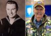 A side-by-side comparison of a young WWII sailor and an elderly veteran in a Lowe's uniform