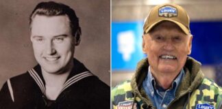 A side-by-side comparison of a young WWII sailor and an elderly veteran in a Lowe's uniform