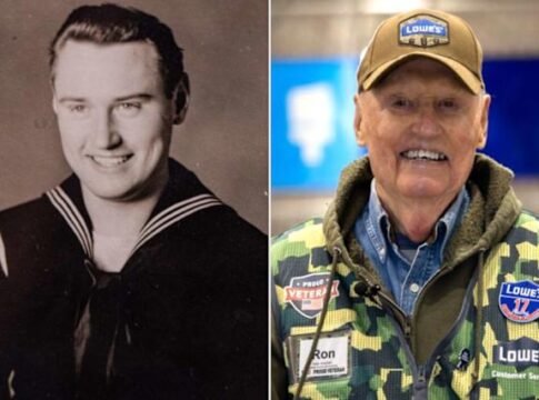 A side-by-side comparison of a young WWII sailor and an elderly veteran in a Lowe's uniform