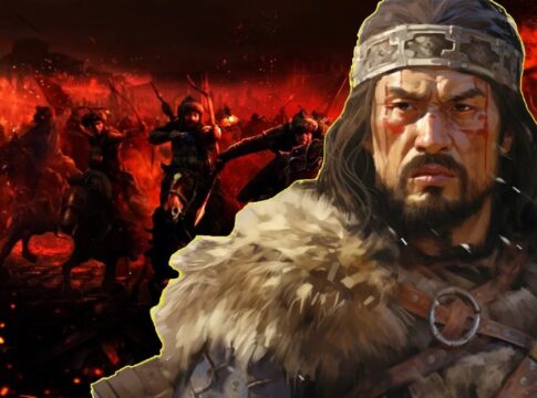 A fierce warrior with a determined expression, set against a backdrop of a chaotic battle