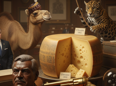 A surreal scene featuring a camel, a leopard, a man in a suit, and a large cheese wheel labeled 'Cheshire 1802' in a vintage setting