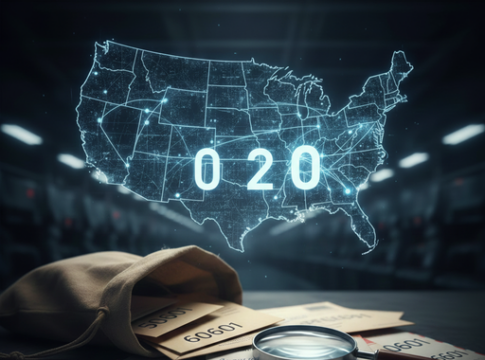 A digital map of the United States with the number 020 overlaying envelopes and a magnifying glass