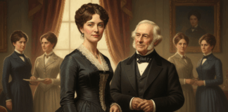 A historical portrait featuring a woman in a black dress and a man in formal attire, surrounded by women in the background