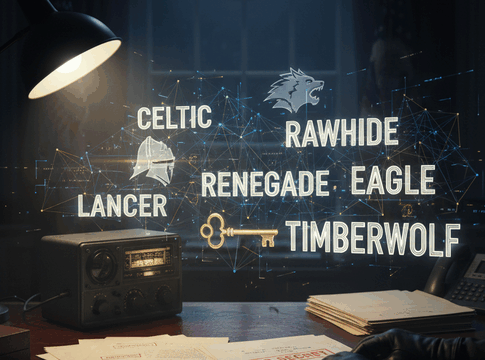 A desk with a vintage radio and illuminated code names related to presidential security