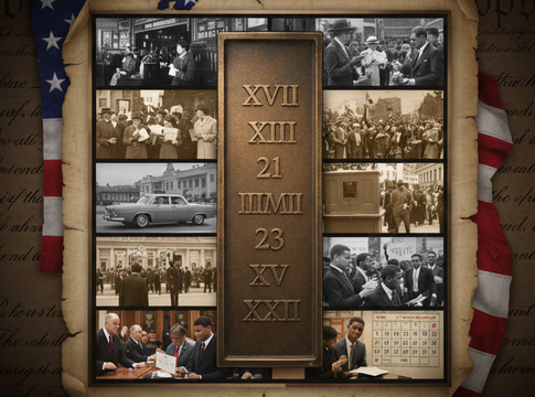 Collage of historical images related to U.S. constitutional amendments with a central plaque displaying amendment numbers
