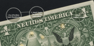 Close-up of a one dollar bill highlighting seven symbols and their meanings